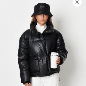 Black faux leather puffer coat